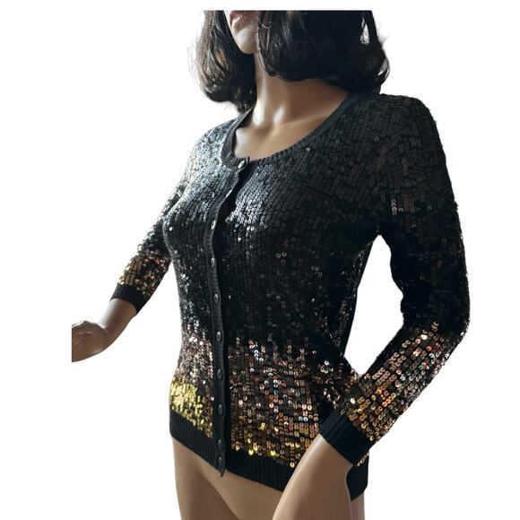 C by Bloomingdales cashmere mix sequenced cardigan black gold silver size small - Picture 6 of 15